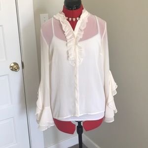 2/$15 F21 Shear White Ruffled Sleeve Button Up